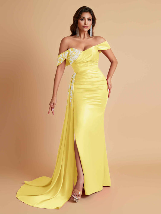 Elegant Soft Satin Mermaid Off Shoulder Floor-Length Mermaid Bridesmaid Dresses
