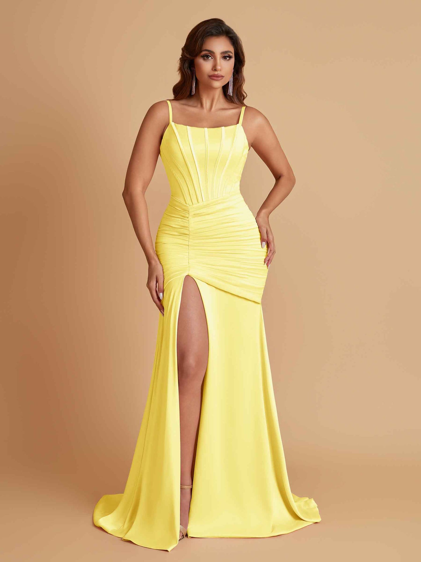 Sexy Soft Satin Mermaid Spaghetti Straps Side Slit Floor-Length Bridesmaid Dresses