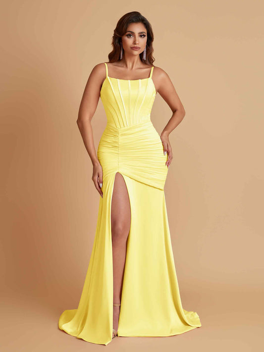Sexy Soft Satin Mermaid Spaghetti Straps Side Slit Floor-Length Bridesmaid Dresses