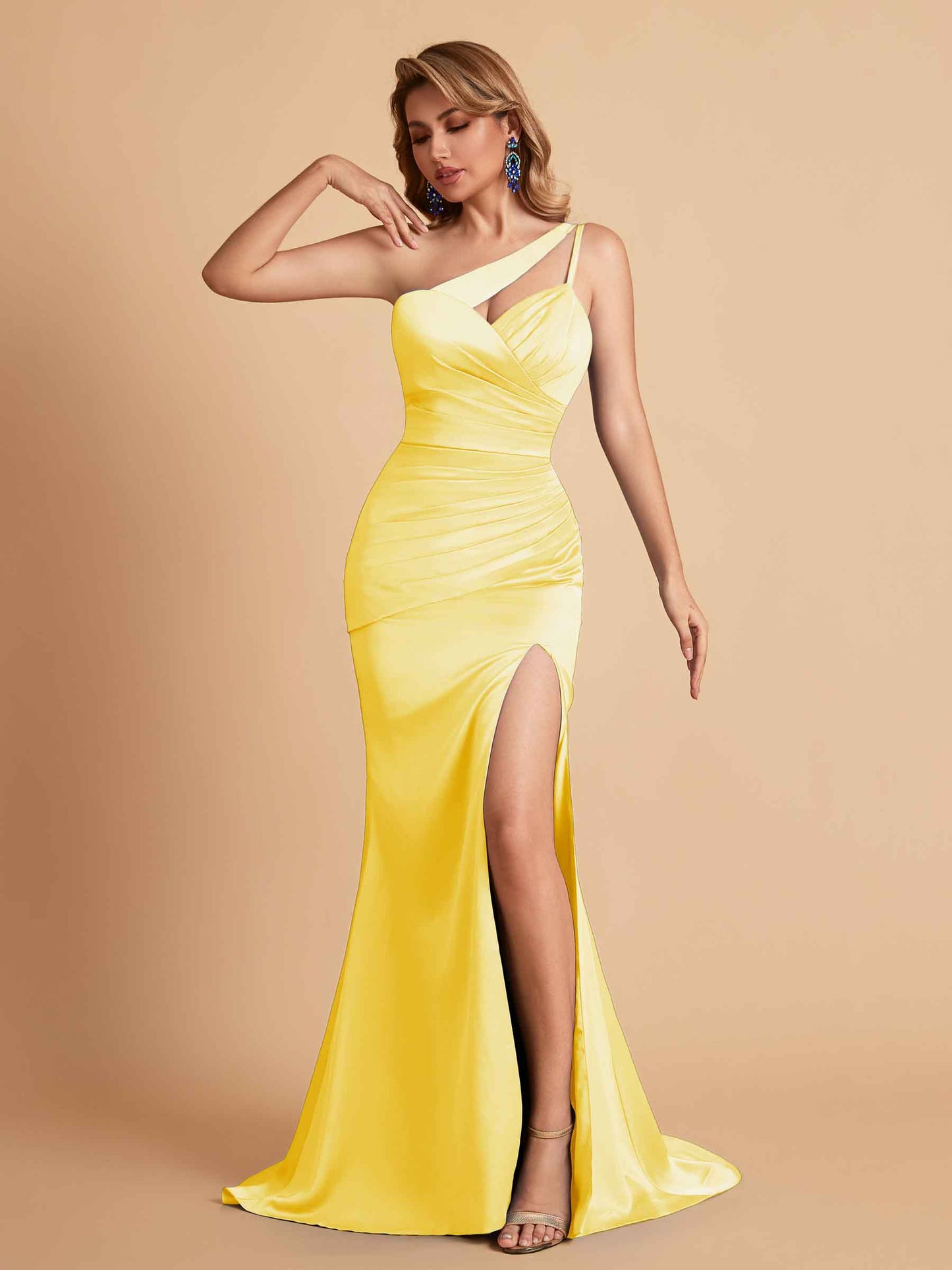 Elegant Satin One Shoulder Mermaid Side Slit Floor Length Bridesmaid Dresses