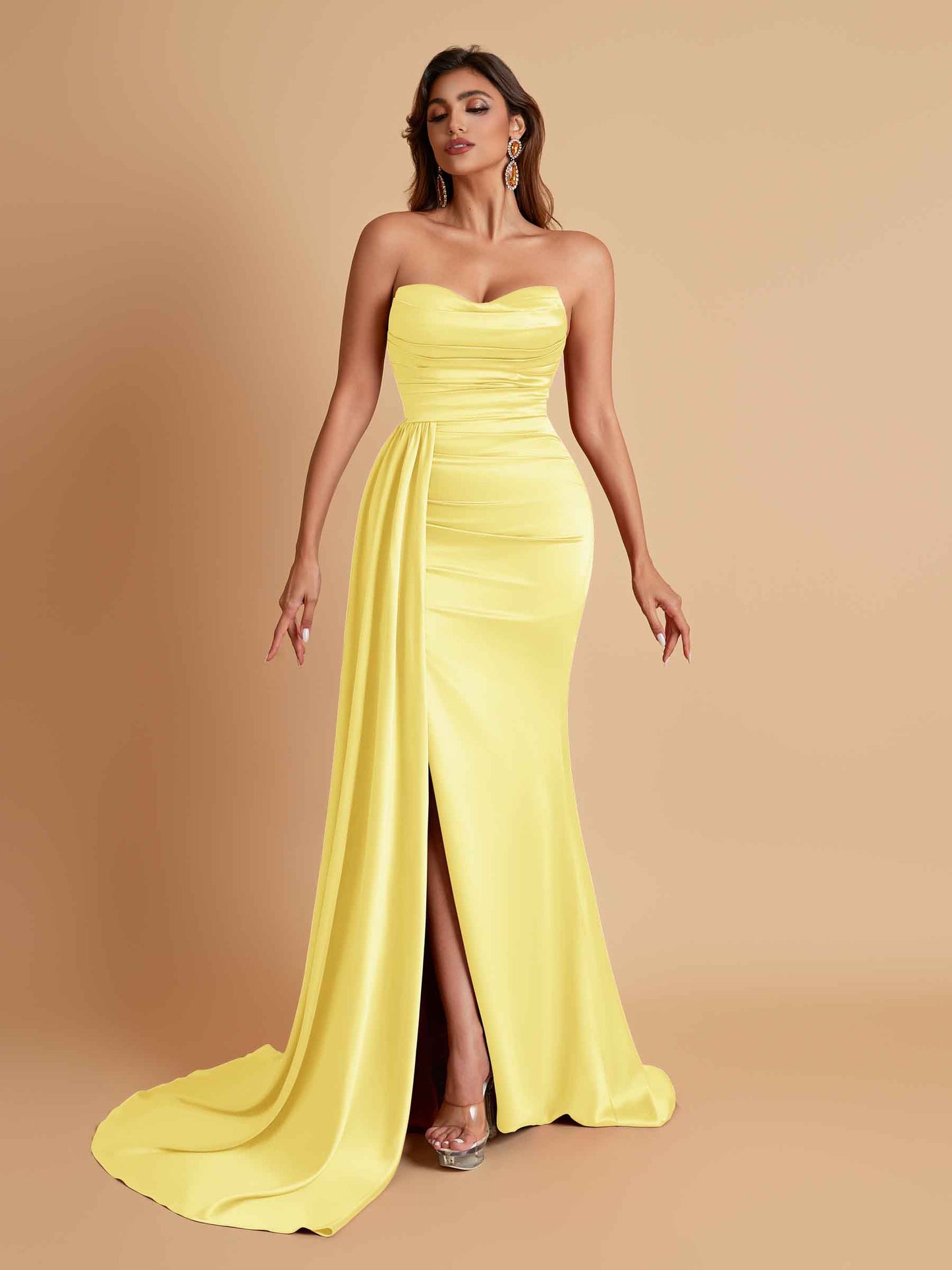 Elegant Soft Satin Sweetheart Strapless Side-Slit Mermaid Bridesmaid Dresses
