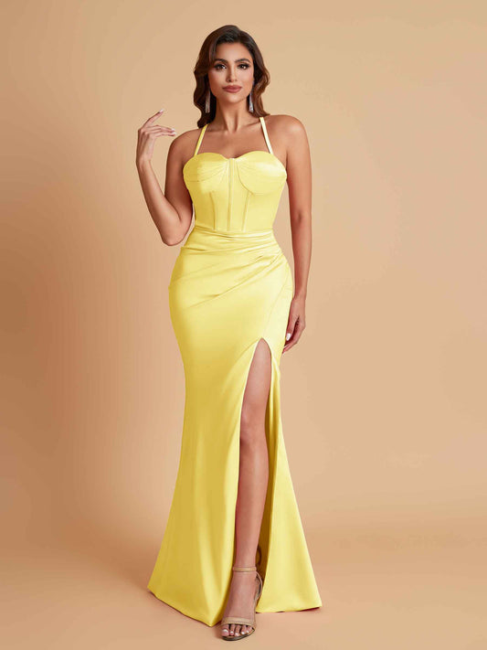 Sexy Soft Satin Mermaid Spaghetti Straps Side Slit Floor-Length Bridesmaid Dresses