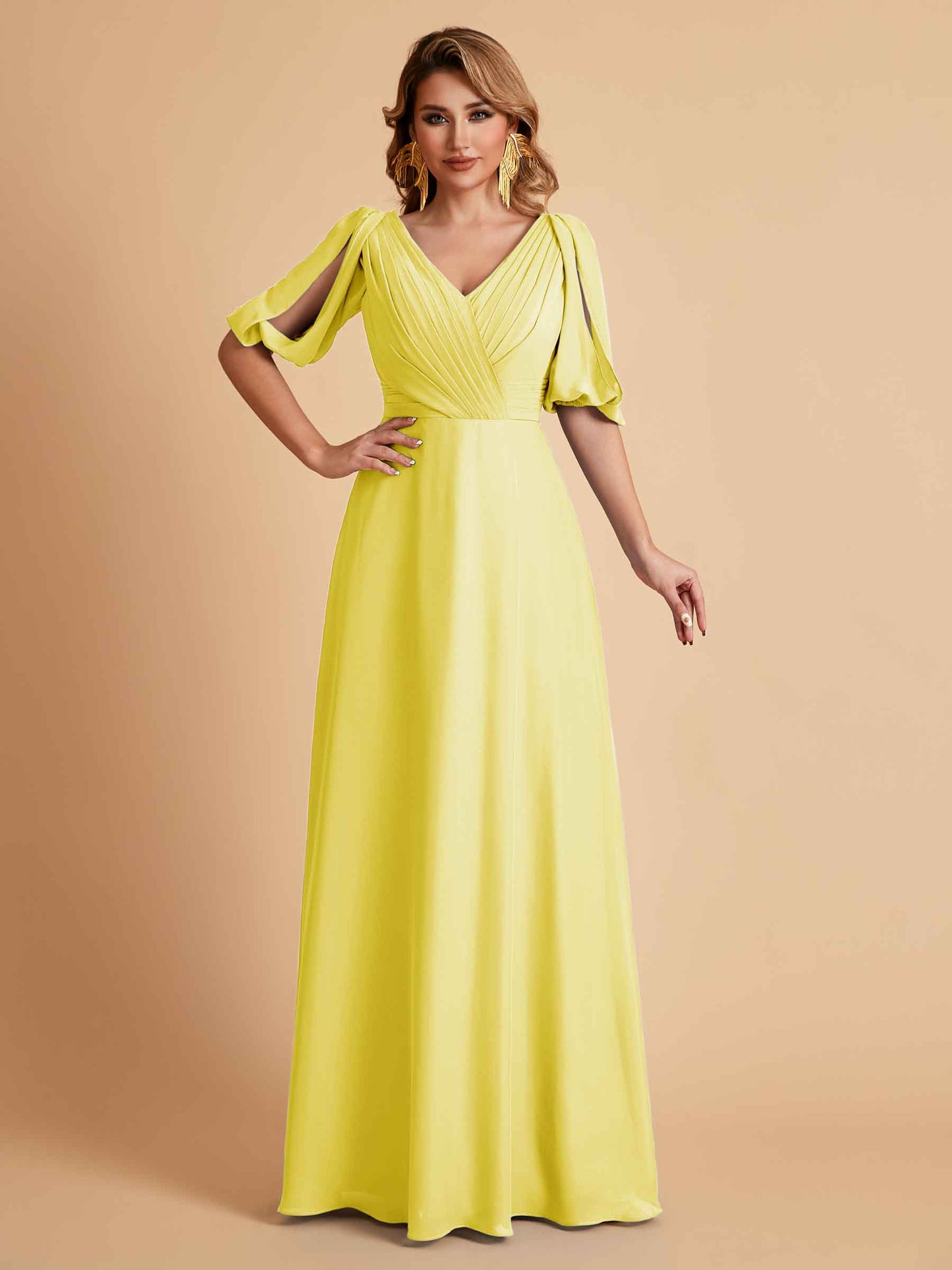 Elegant A-Line Chiffon Half Sleeves V-Neck Mother of the Brides Dresses Online