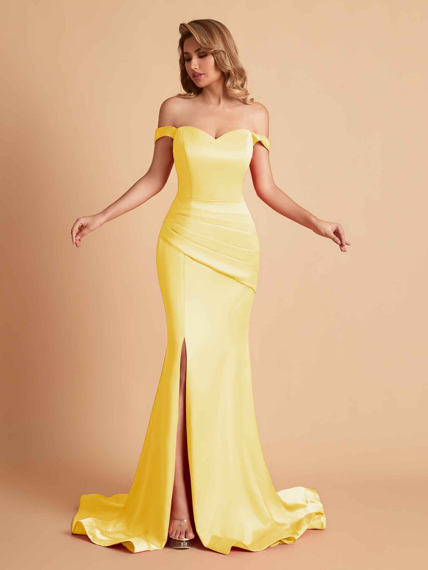 Elegant Satin Off the Shoulder Mermaid Side Slit Floor Length Bridesmaid Dresses