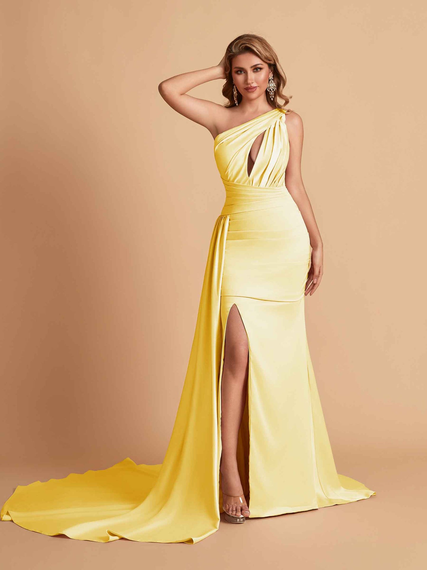Sexy Satin Mermaid One Shoulder Side Slit Long Bridesmaid Dresses