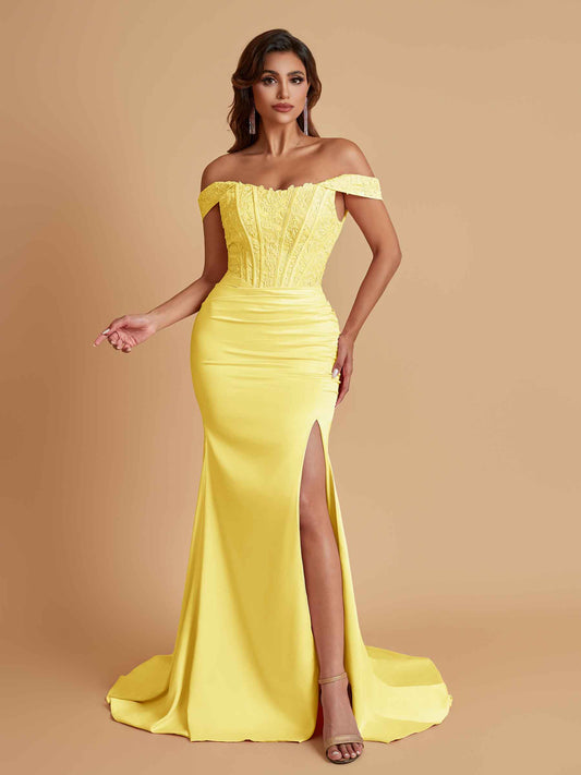 Elegant Soft Satin Mermaid Off Shoulder Side Slit Floor-Length Mermaid Bridesmaid Dresses