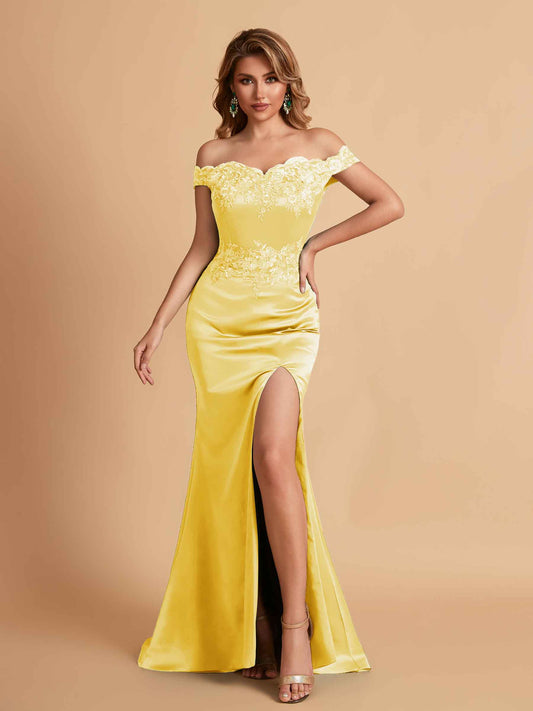 Elegant Satin Off Shoulder Mermaid Side Slit Floor Length Bridesmaid Dresses