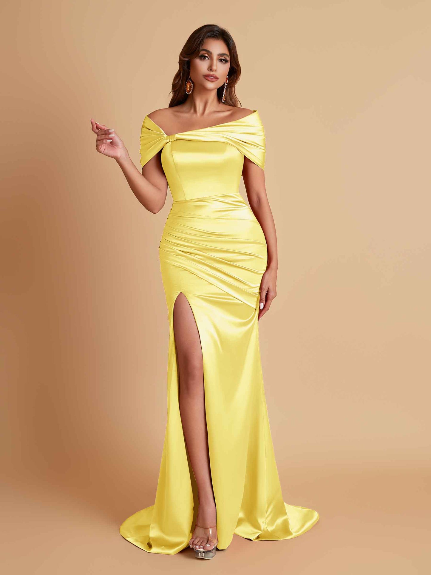 Elegant Soft Satin Off-the-shoulder Side-Slit Mermaid Bridesmaid Dresses
