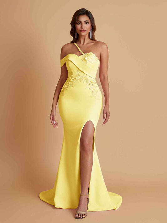 Sexy Soft Satin Mermaid One Shoulder Asymmetrical Side Slit Floor-Length Bridesmaid Dresses
