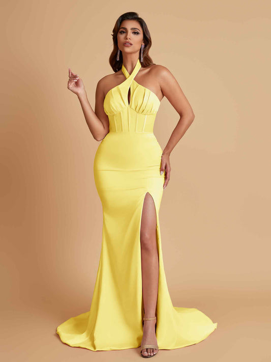 Elegant Soft Satin Mermaid Halter Side Slit Floor-Length Bridesmaid Dresses Online