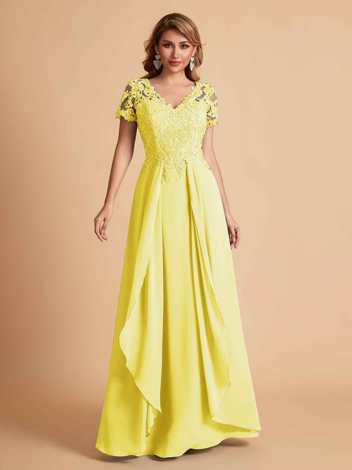 Elegant A-Line Chiffon Short Sleeves V-neck Mother of the Brides Dresses Lace Top MOB Dresses