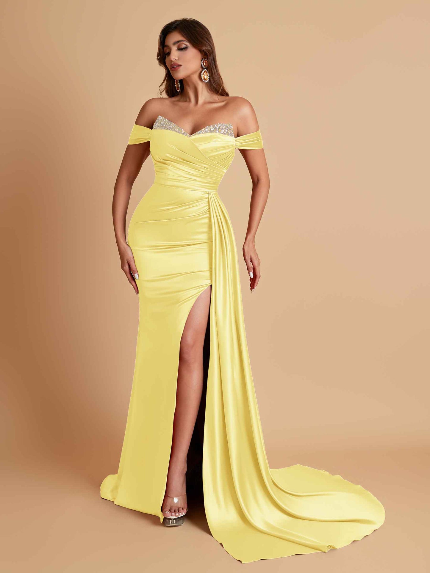 Gorgeous Soft Satin V-neck Off-the-Shoulder Side-Slit Mermaid Bridesmaid Dresses