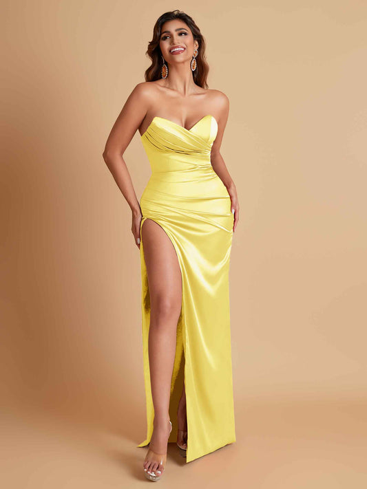 Soft Satin Elegant V-neck Strapless Split Side Mermaid Bridesmaid Dresses