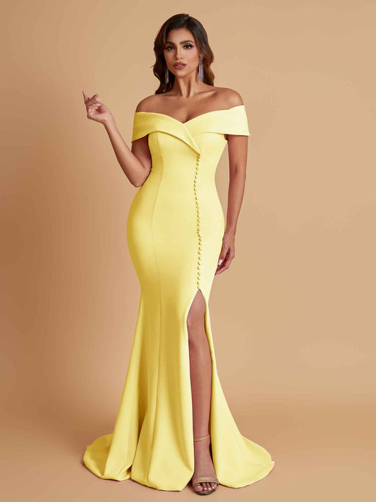 Elegant Soft Satin Mermaid Off Shoulder Side Slit Floor-Length Bridesmaid Dresses