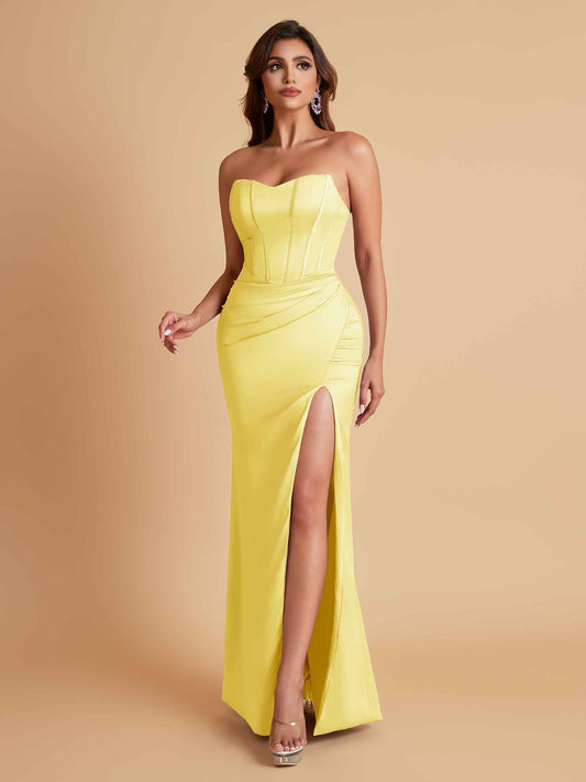 Sexy Strapless Soft Satin Side Slit Floor-Length Mermaid Bridesmaid Dresses