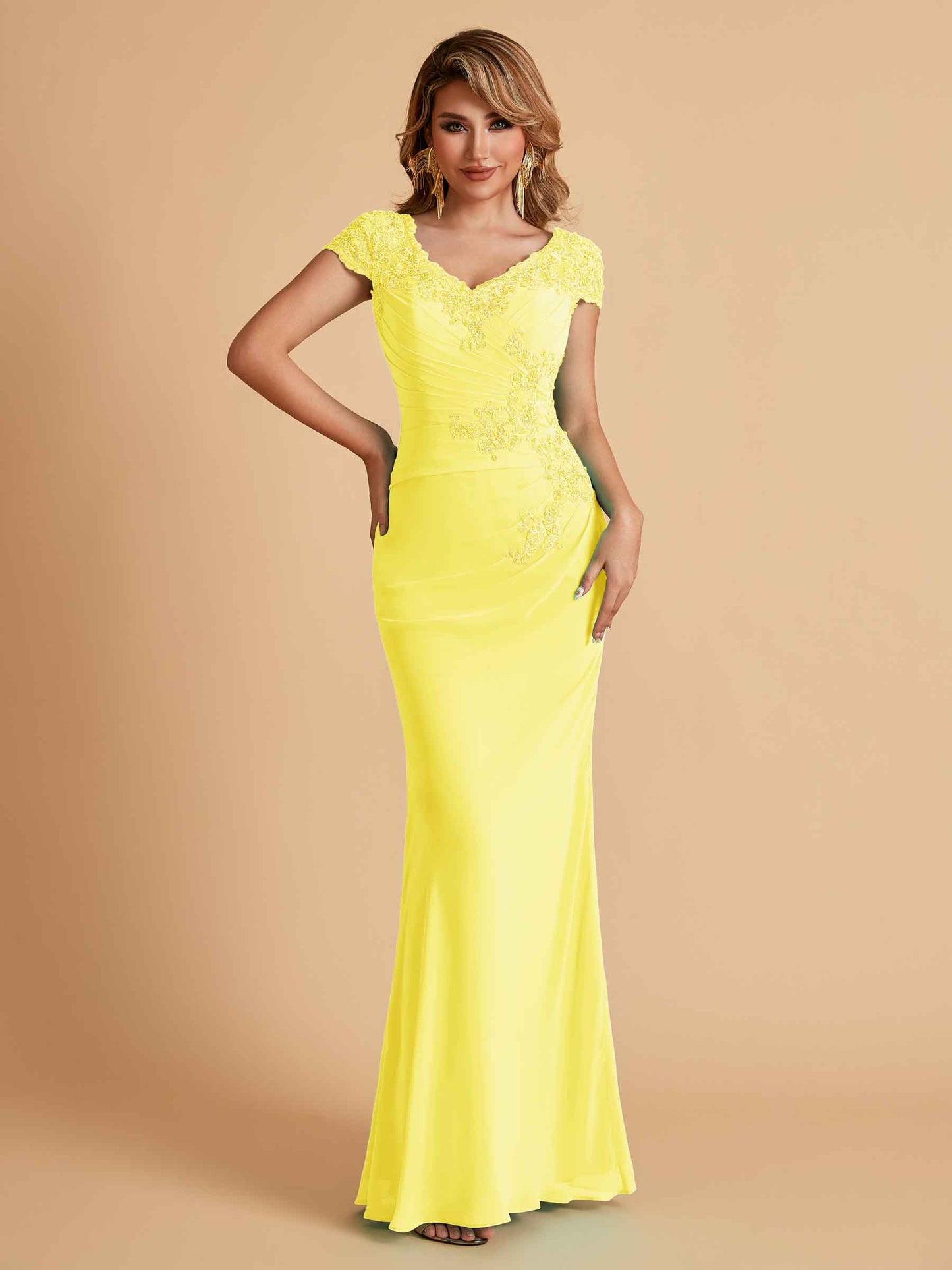 Elegant Mermaid Chiffon Cap Sleeves V-Neck Mother of the Brides Dresses Online
