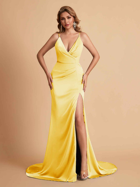Elegant Satin Spaghetti Straps V-Neck Mermaid Side Slit Floor Length Bridesmaid Dresses