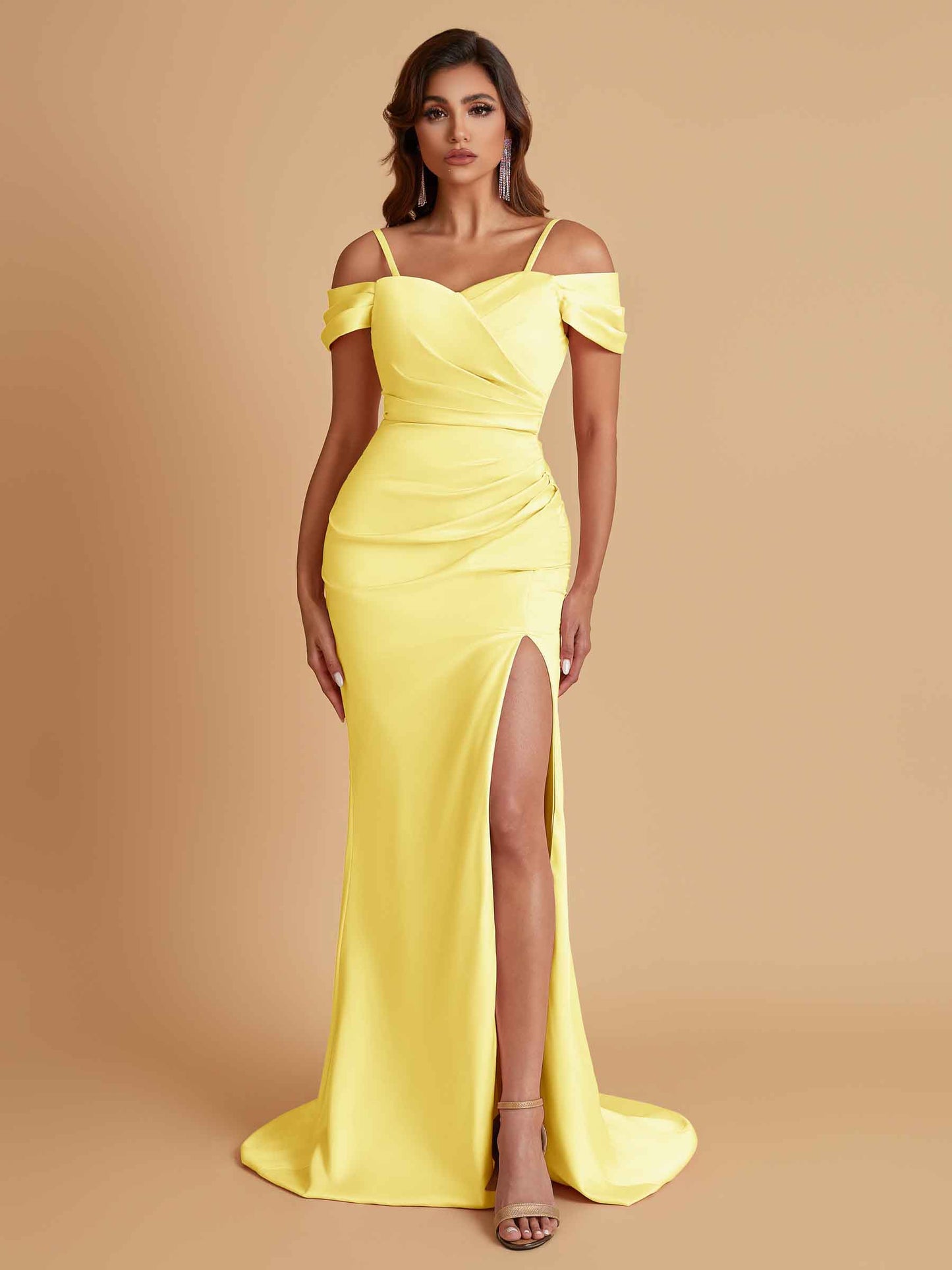 Sexy Soft Satin Mermaid Cold Shoulder Side Slit Floor-Length Bridesmaid Dresses Online