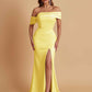 Elegant Soft Satin Mermaid Off Shoulder Asymmetrical Side Slit Floor-Length Bridesmaid Dresses