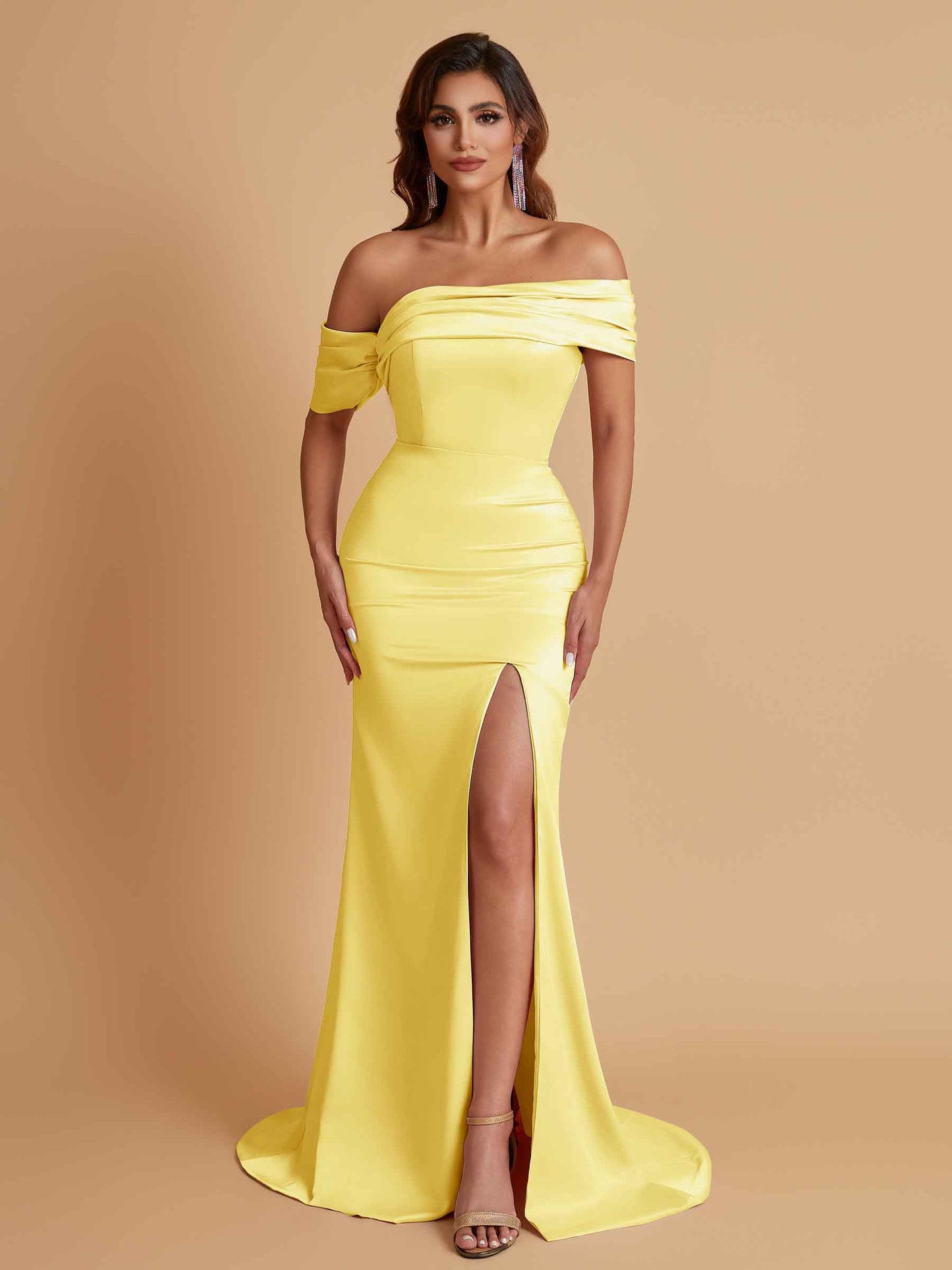 Elegant Soft Satin Mermaid Off Shoulder Asymmetrical Side Slit Floor-Length Bridesmaid Dresses