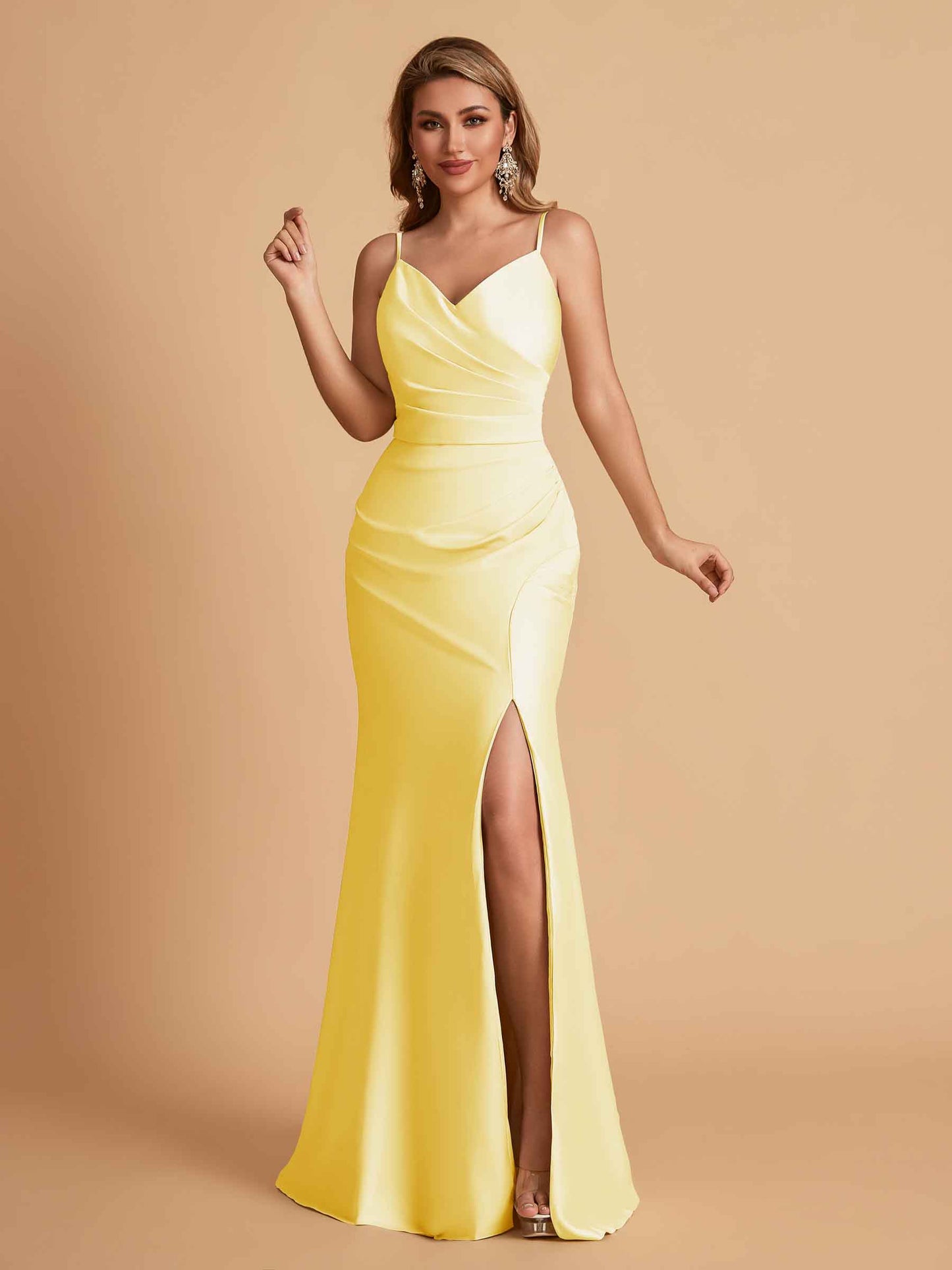 Elegant Satin Spaghetti Straps Mermaid Side Slit Floor Length Bridesmaid Dresses