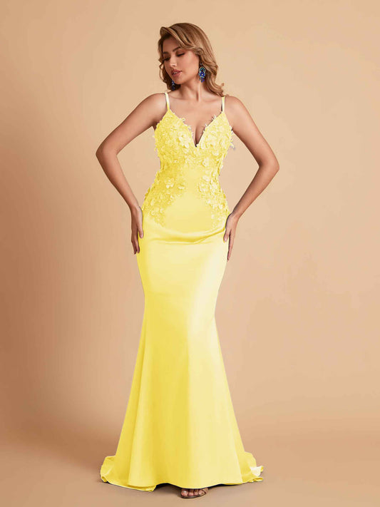 Sexy Satin Spaghetti Straps V-neck Mermaid Floor Length Applique Bridesmaid Dresses