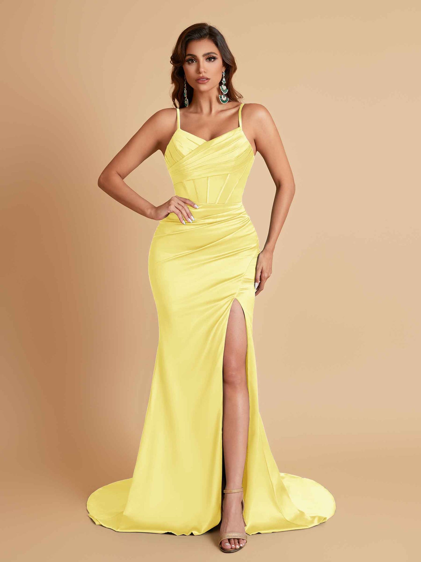 Sexy Spaghetti Straps V Neck Soft Satin Side Slit Floor-Length Mermaid Bridesmaid Dresses