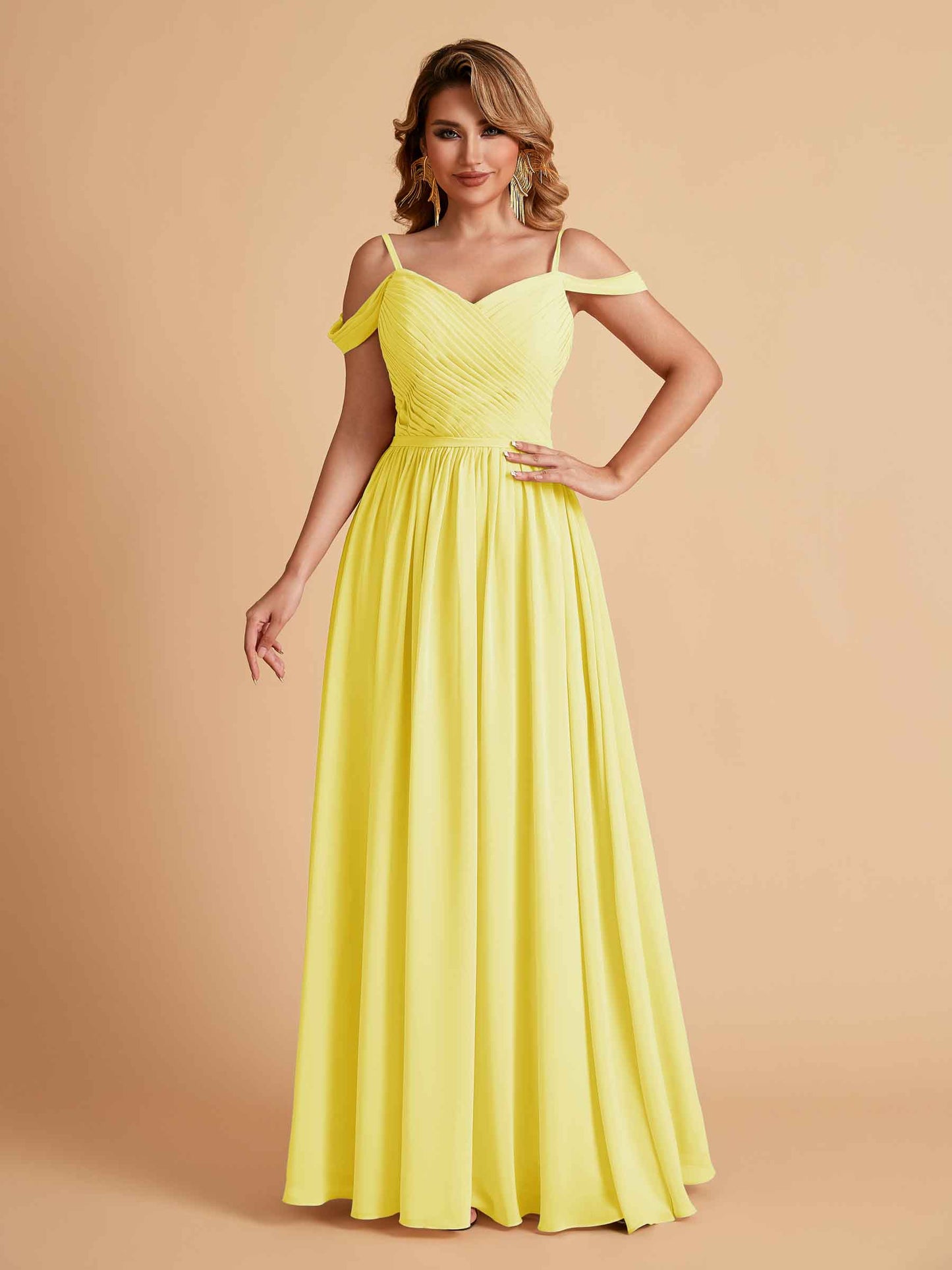 Elegant A-line Chiffon Off The Shoulder V-Neck Bridesmaid Dresses Online