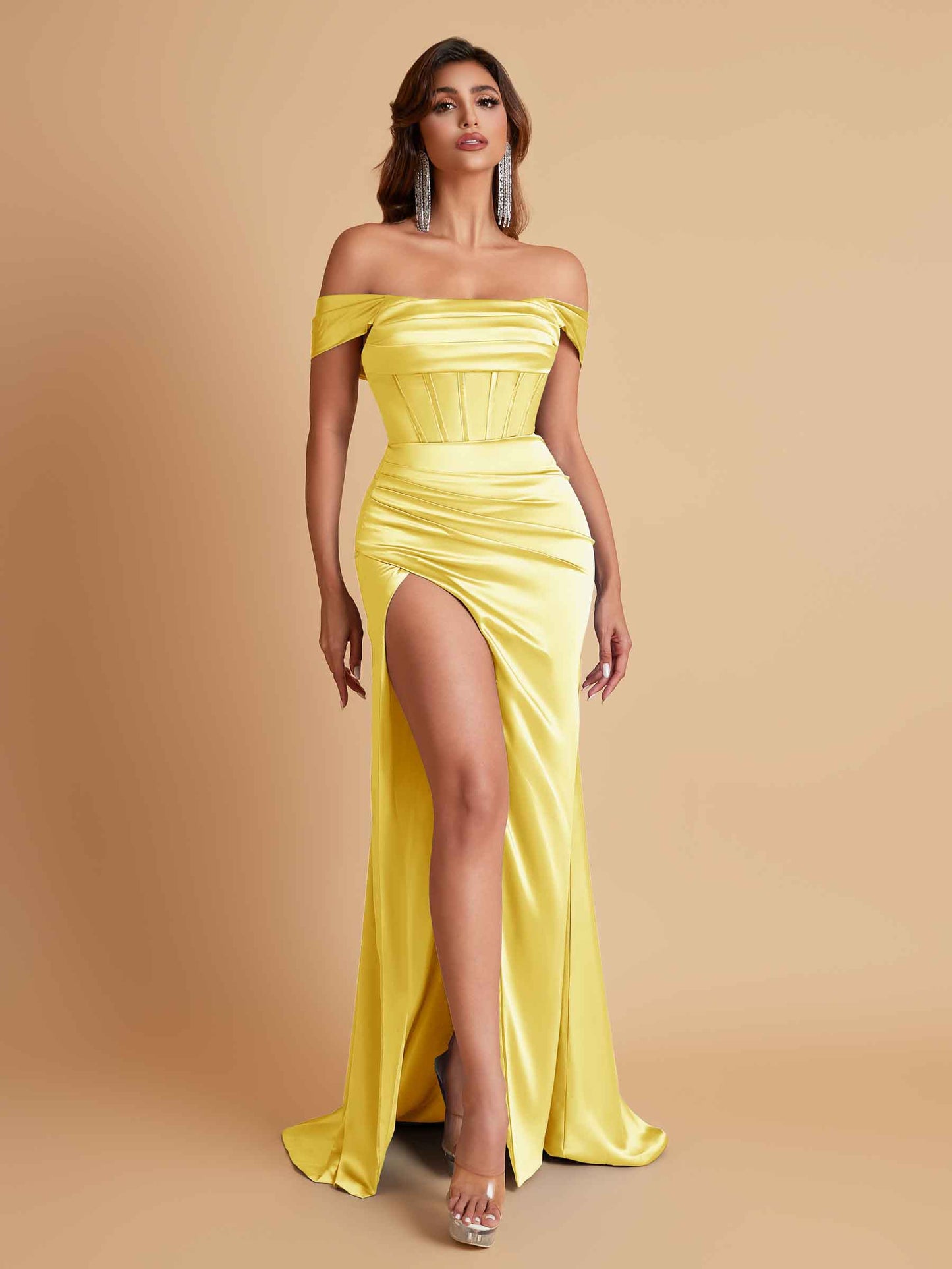 Sexy Off the Shoulder Soft Satin Side Slit Floor-Length Mermaid Bridesmaid Dresses