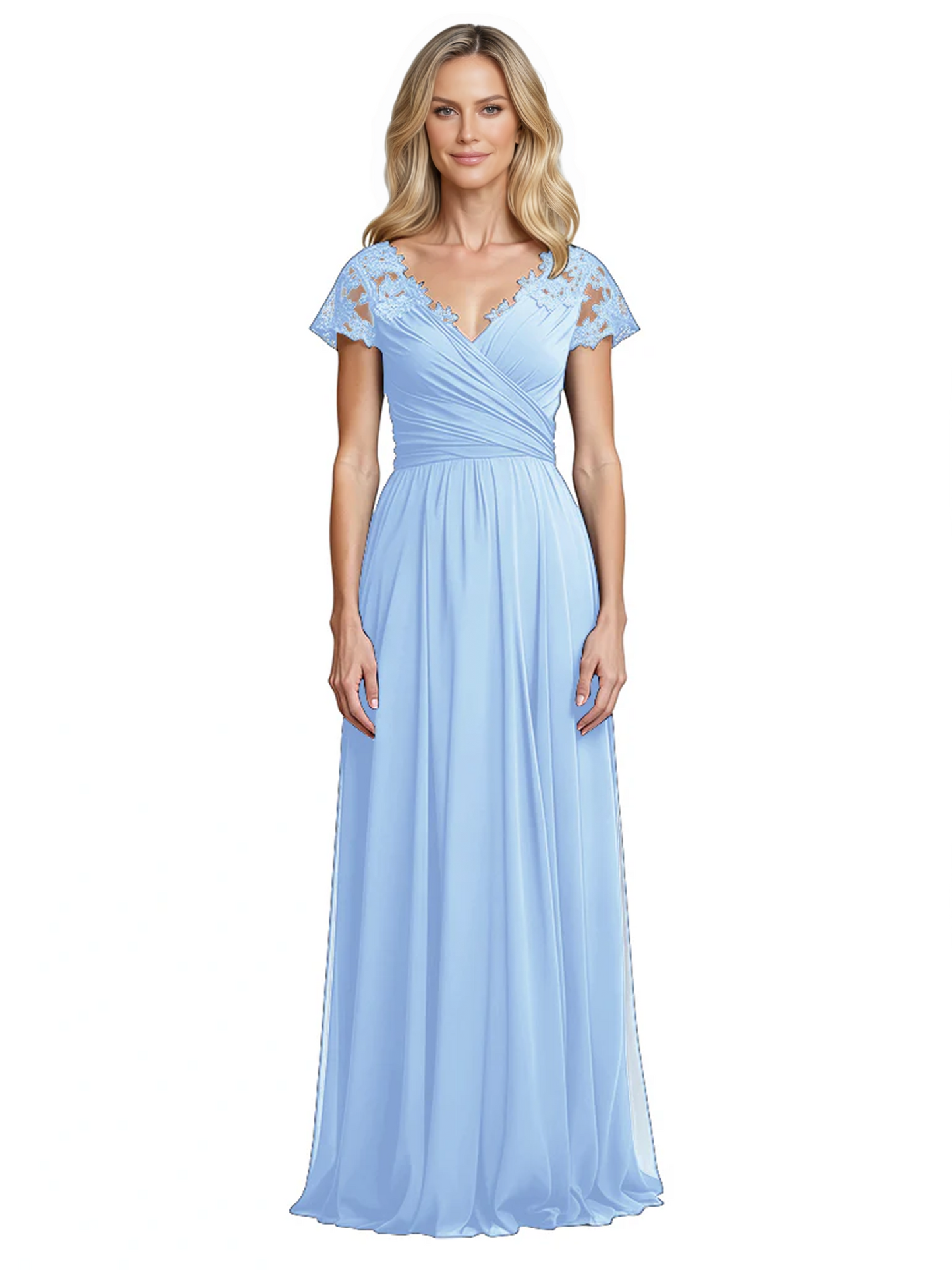 Mother of the Bride Dress Cap Sleeves and V-Neckline with Embroidered Lace Shoulders
