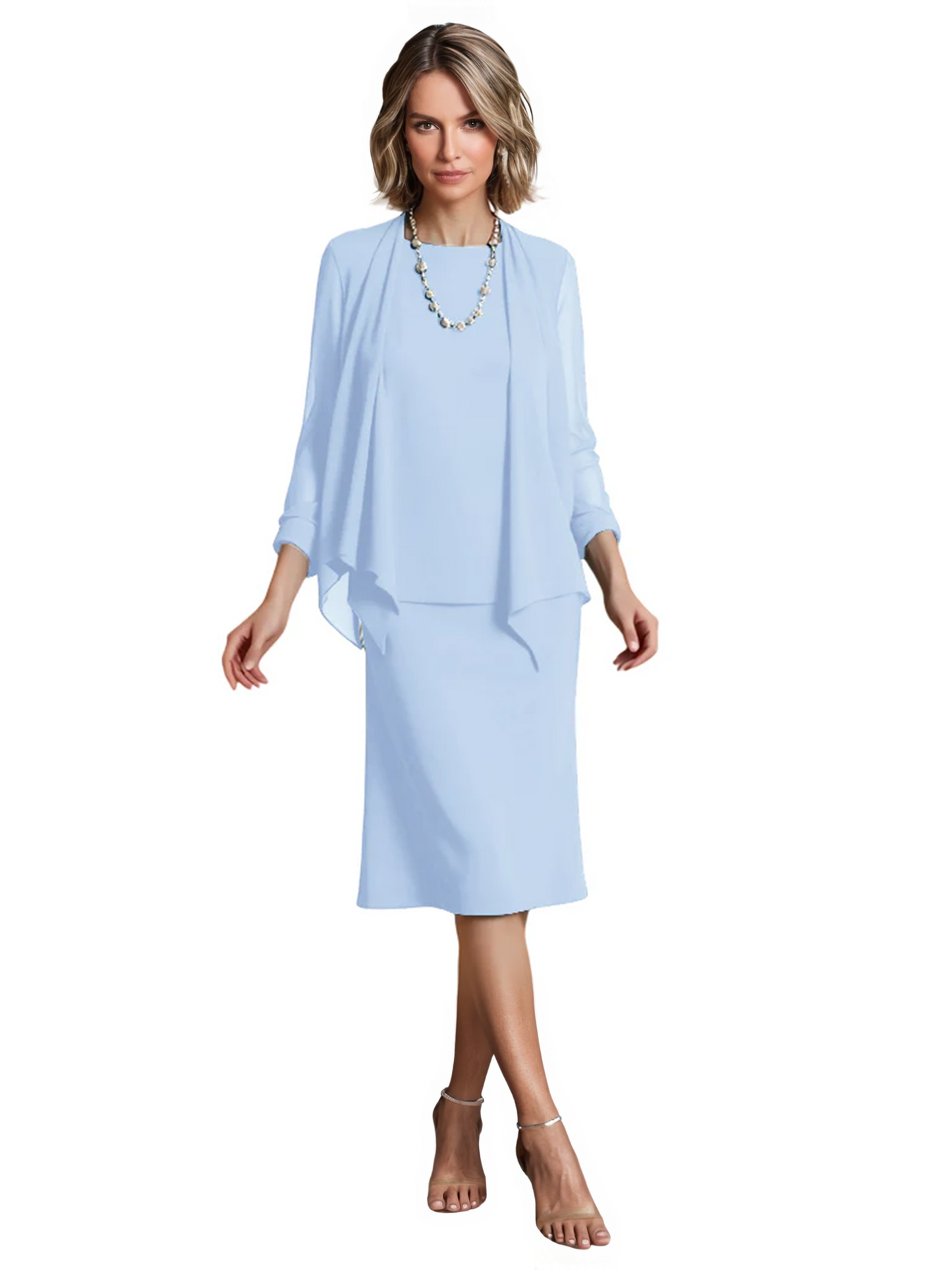 3 PCS Knee-Length Mother of Bride Dresses Prom Dress Evening Dress with Sheer Sleeves and Jacket