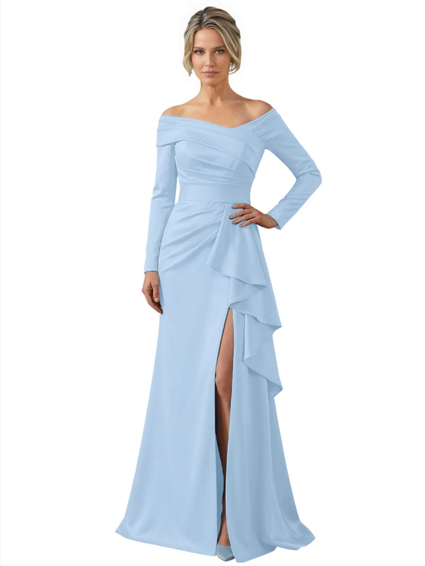 Elegant Mother of the Groom Dress Cascading Ruffle Satin Gown with High Slit Long Sleeves