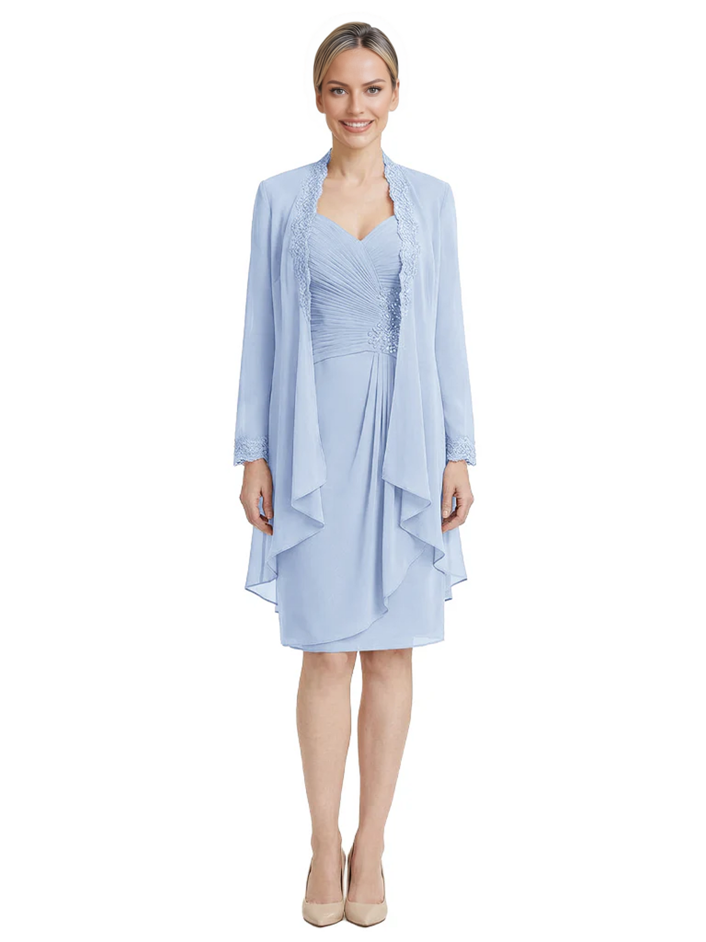 2PCS Knee Length Chiffon Mother of the Brides Dresses Short V-Neck