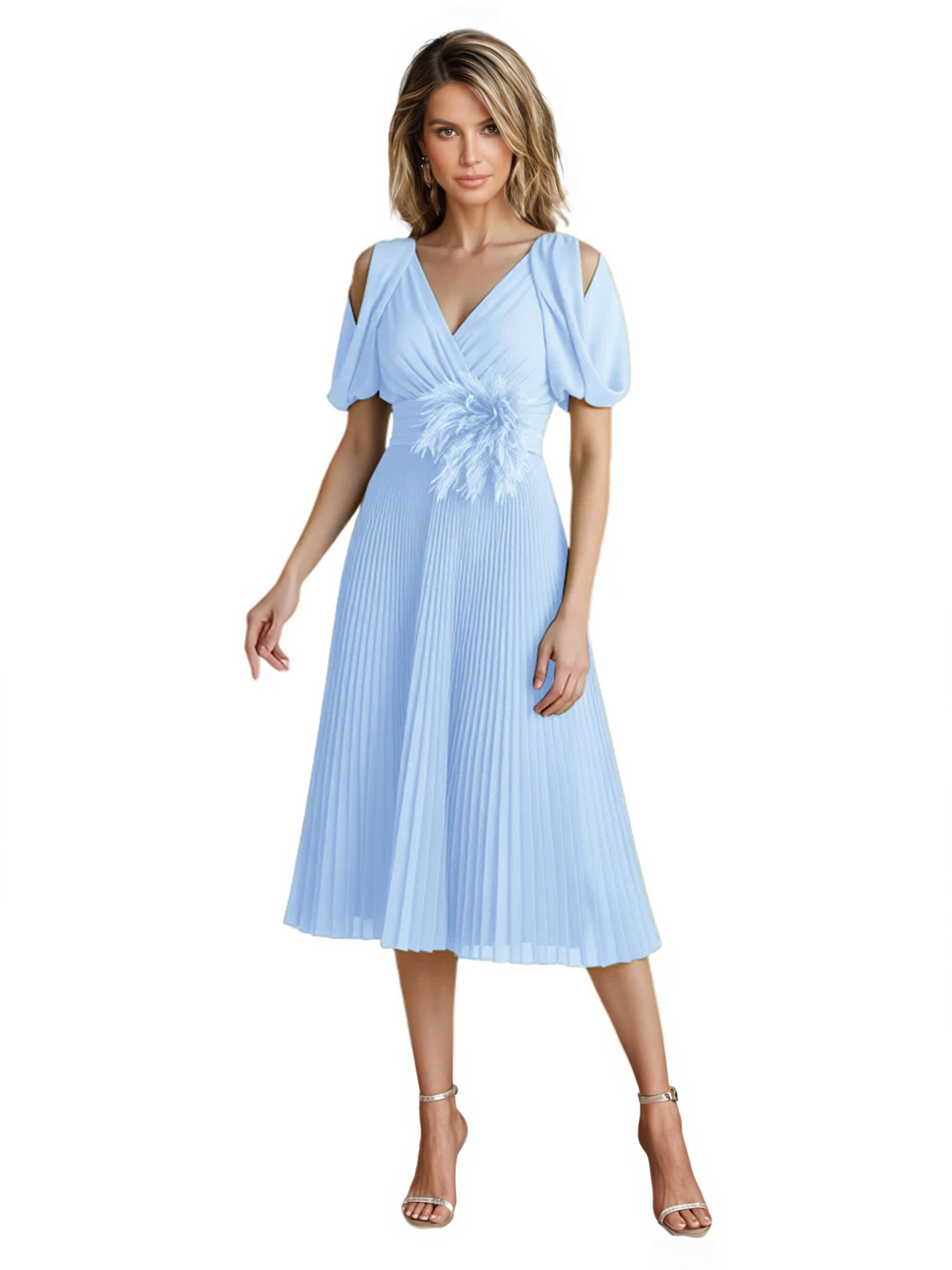 Wedding Formal Dress V-Neck Pleated Chiffon Gown with 3D Flower Accent Knee Length