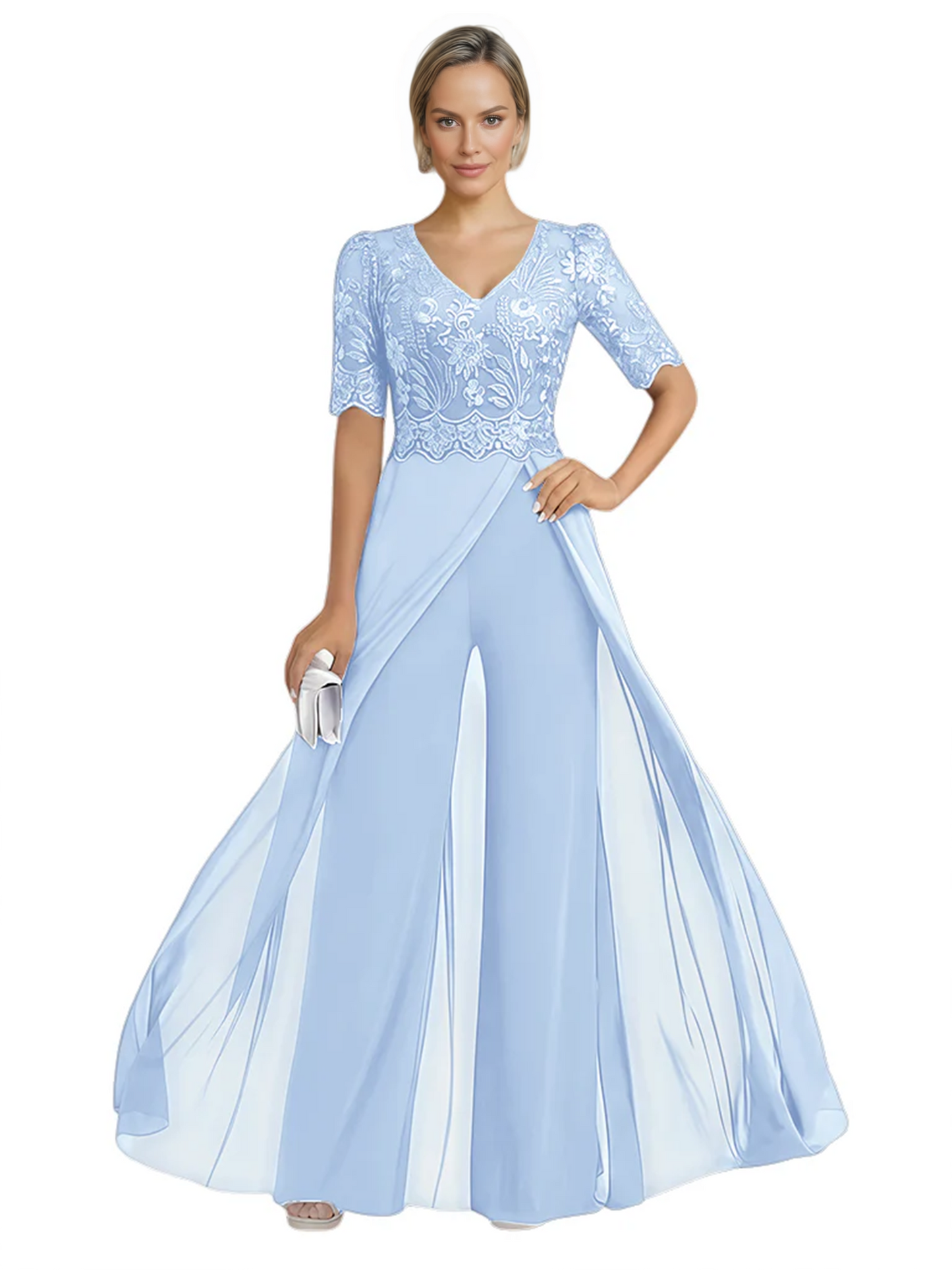 V-Neck Chiffon Mother of the Brides Jumpsuits Dresses Floor Length A-Line Lace