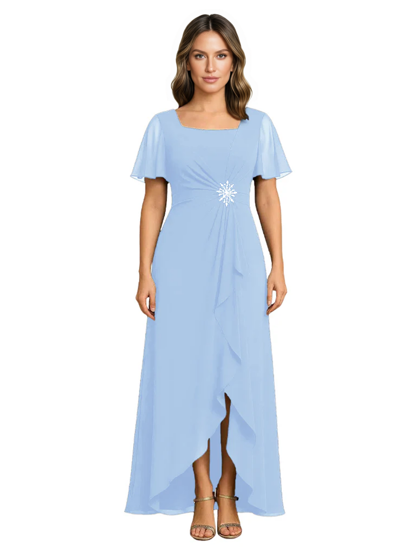Formal High-Low Mother of the Bride Gown Sleeved Chiffon Maxi Dress Ruched Waist