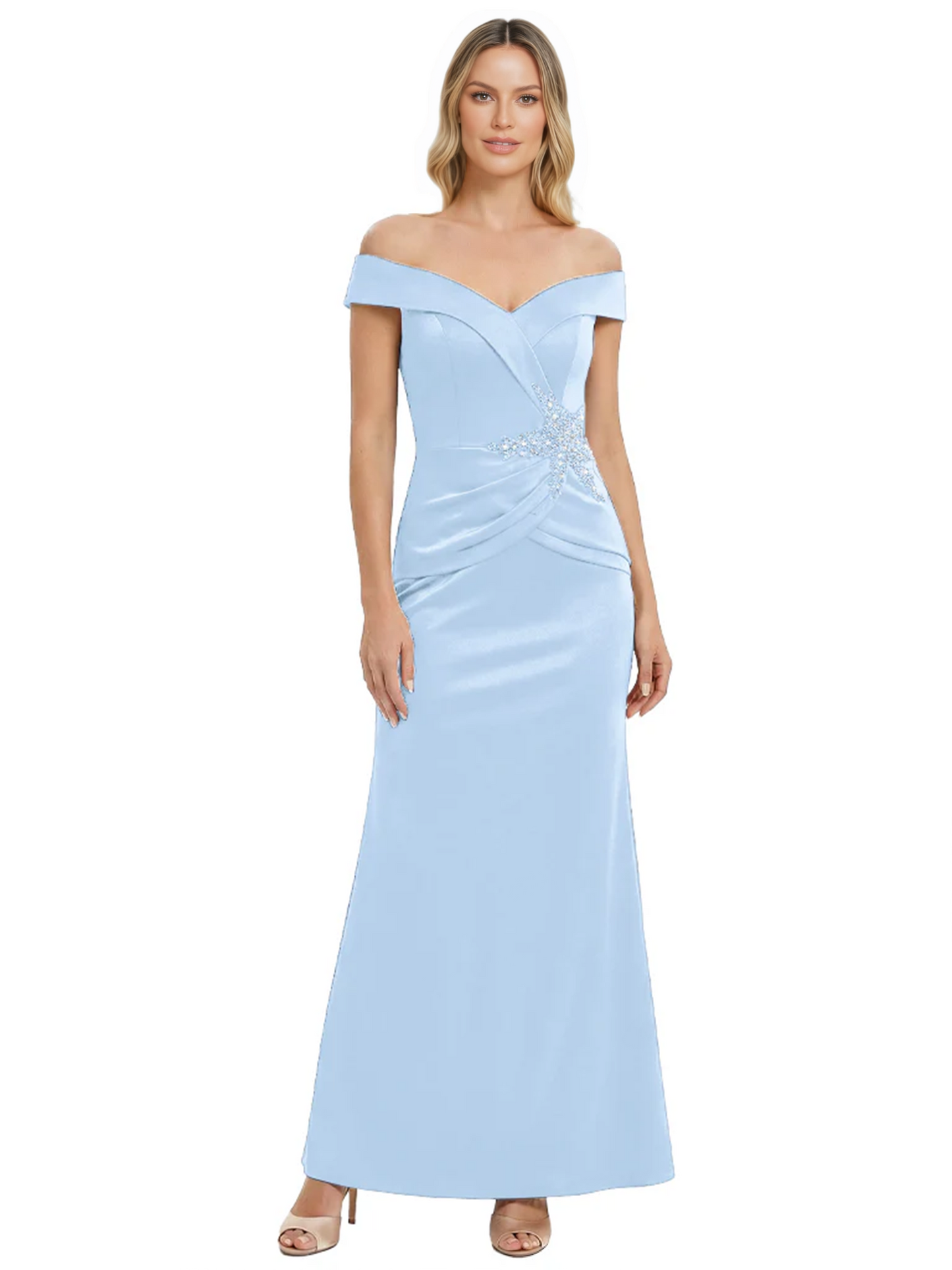 Off Shoulder Mother of the Bride Dress Beaded Waist Satin Gown Portrait Neckline