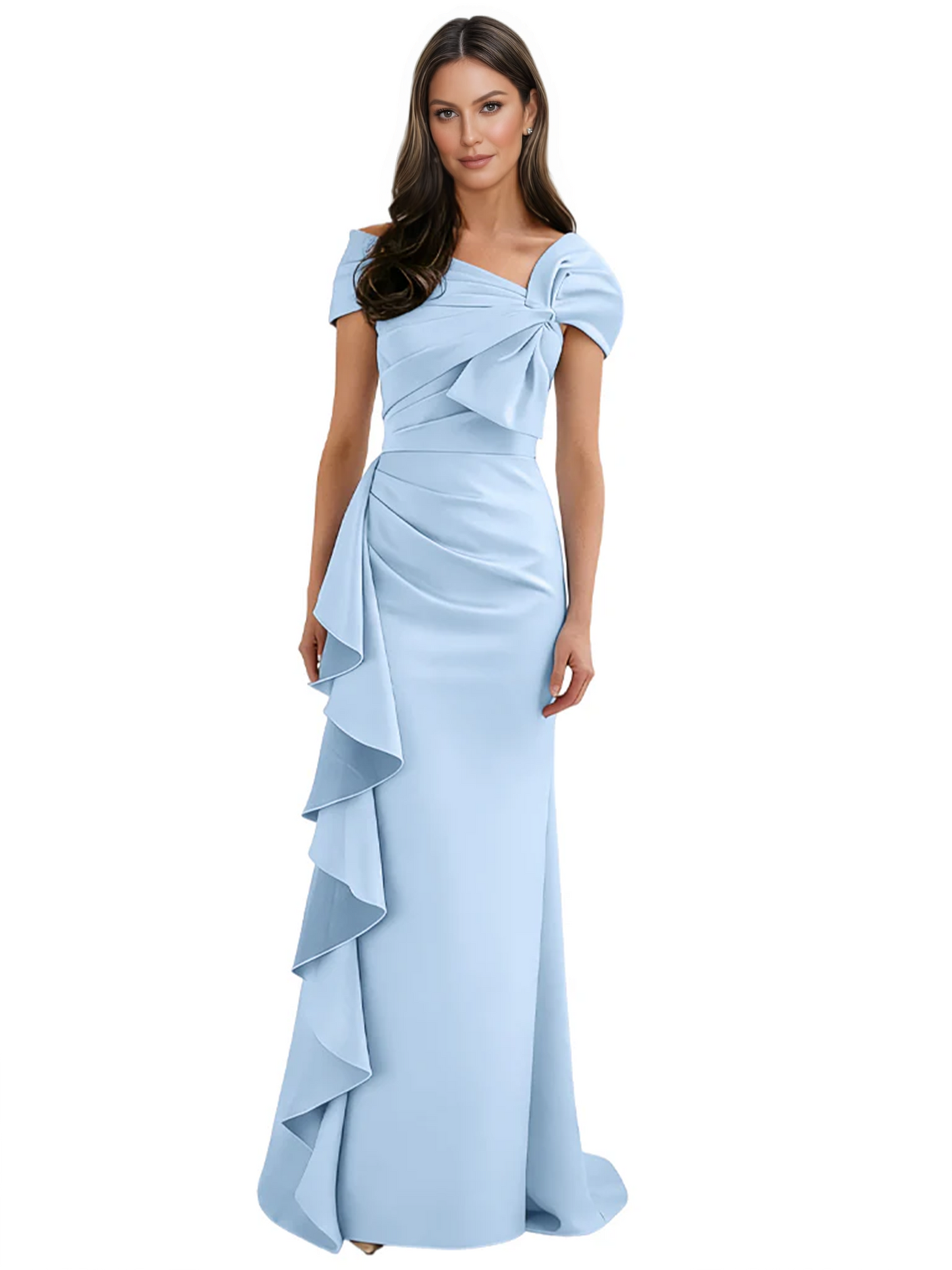 Elegant Mother of Bride Dress Formal Gowns Mermaid Ruffle Floor Length Asymmetric Neckline