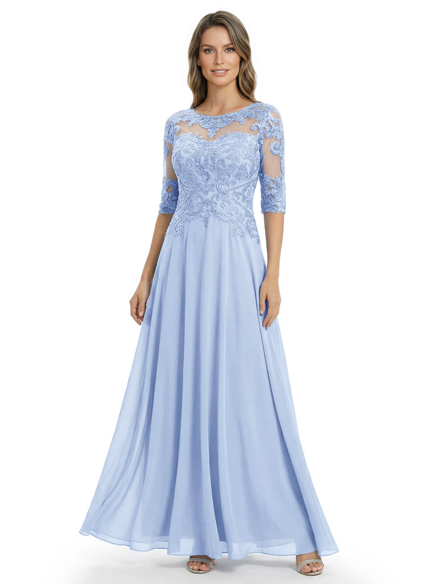 Illusion Neck Mother of the Bride Dress Half Sleeve Lace Applique Gowns Chiffon