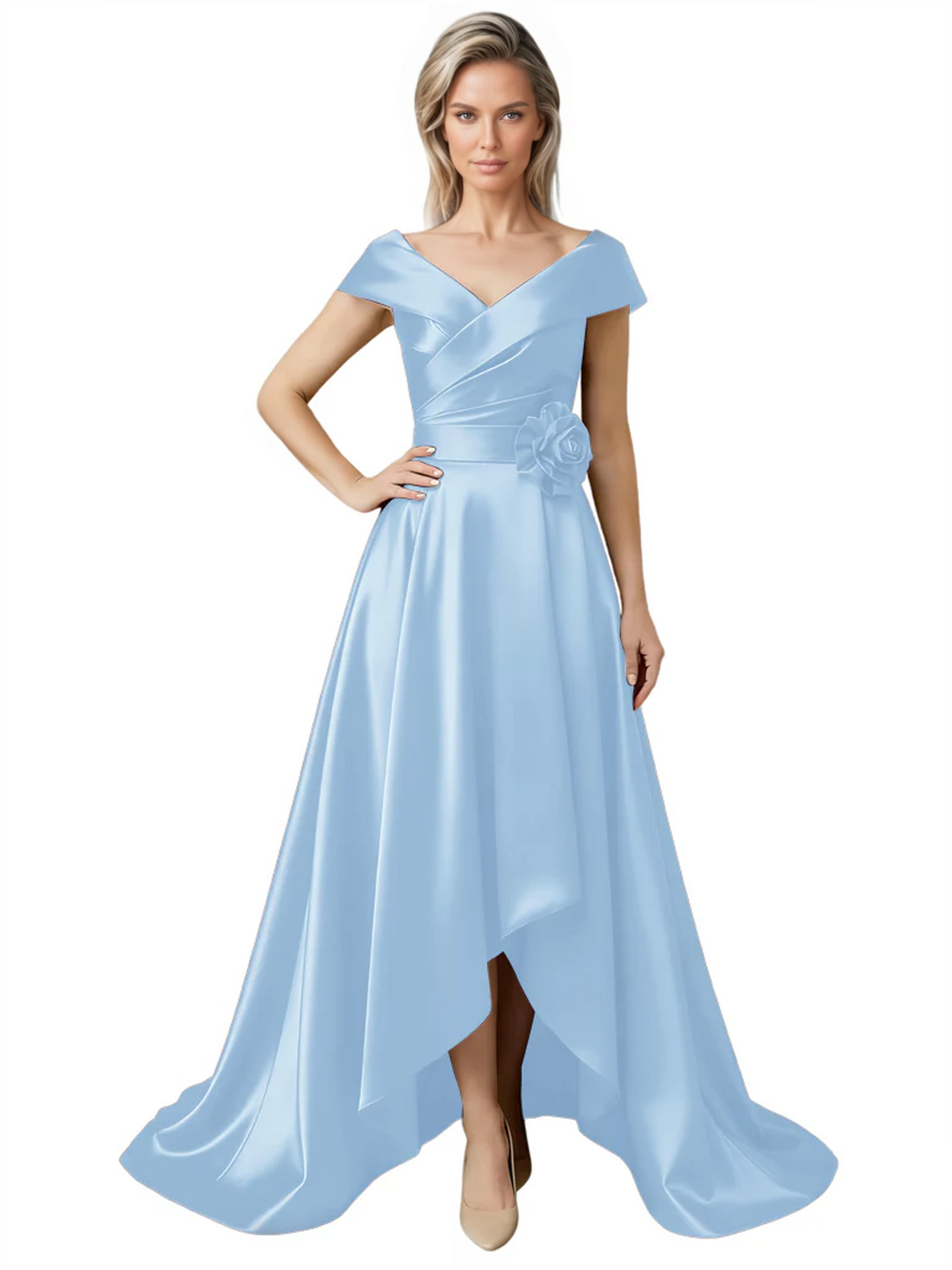 Off Shoulder Mother of the Bride Dress High-Low Satin Gown with Portrait Neckline
