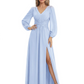 A-Line Mother of Bride Dress V-Neck Chiffon Gown Long Sleeves Slit Formal Dress