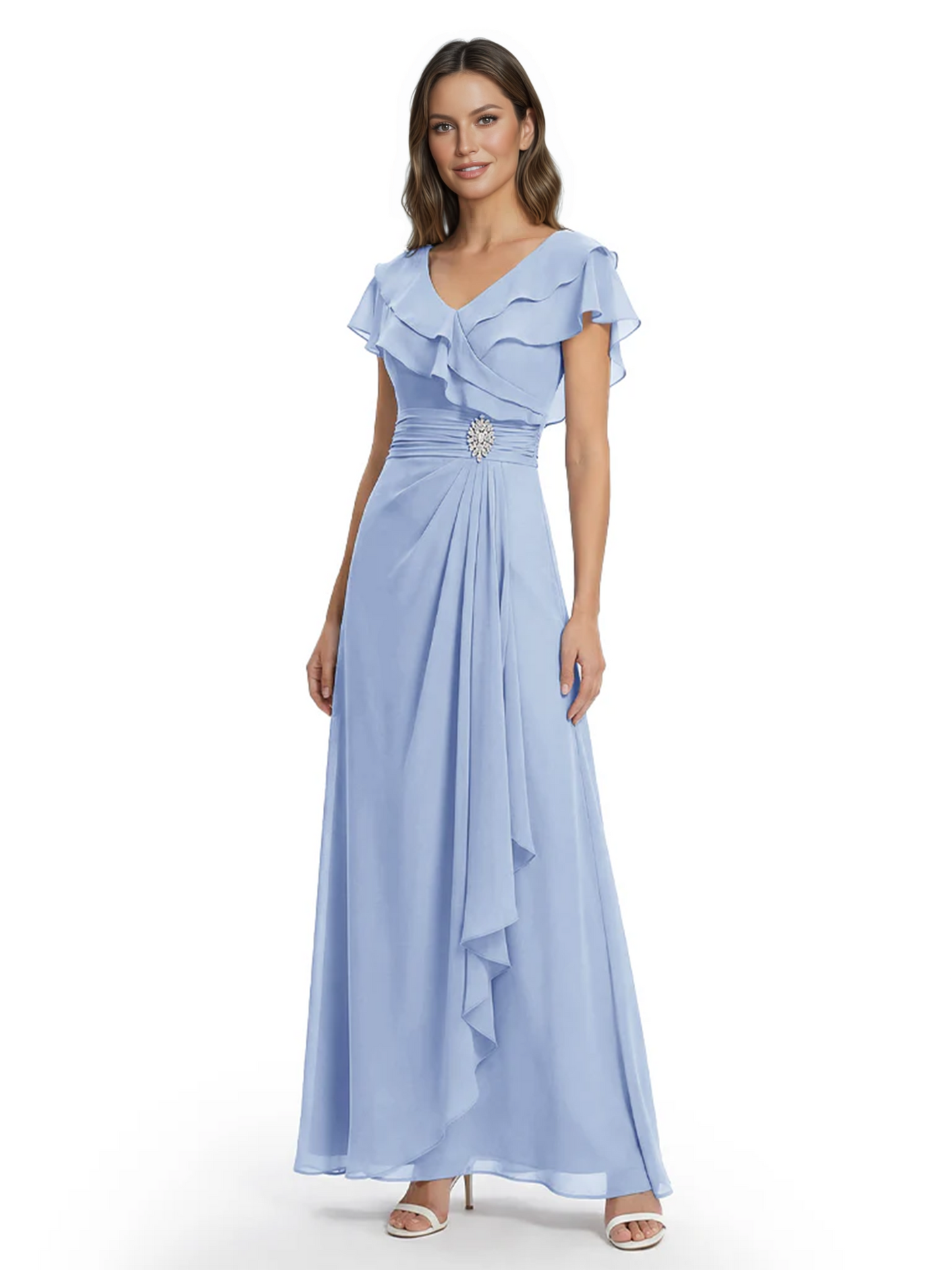 Elegant Mother of the Groom Dress Cascading Ruffle Chiffon Formal Gown Rhinestone