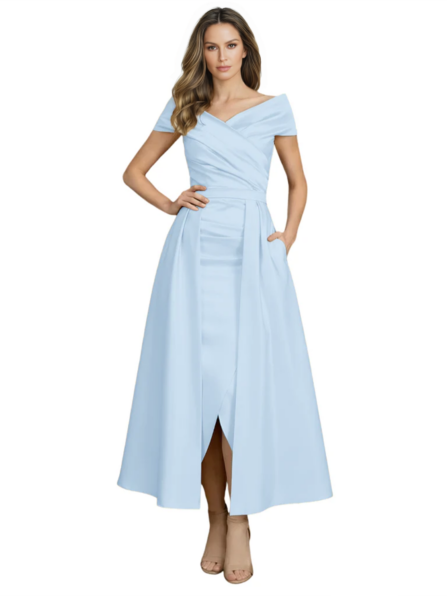 Formal Floor-Length Mother of the Bride Gown Satin Maxi Dress with Slit Off Shoulder