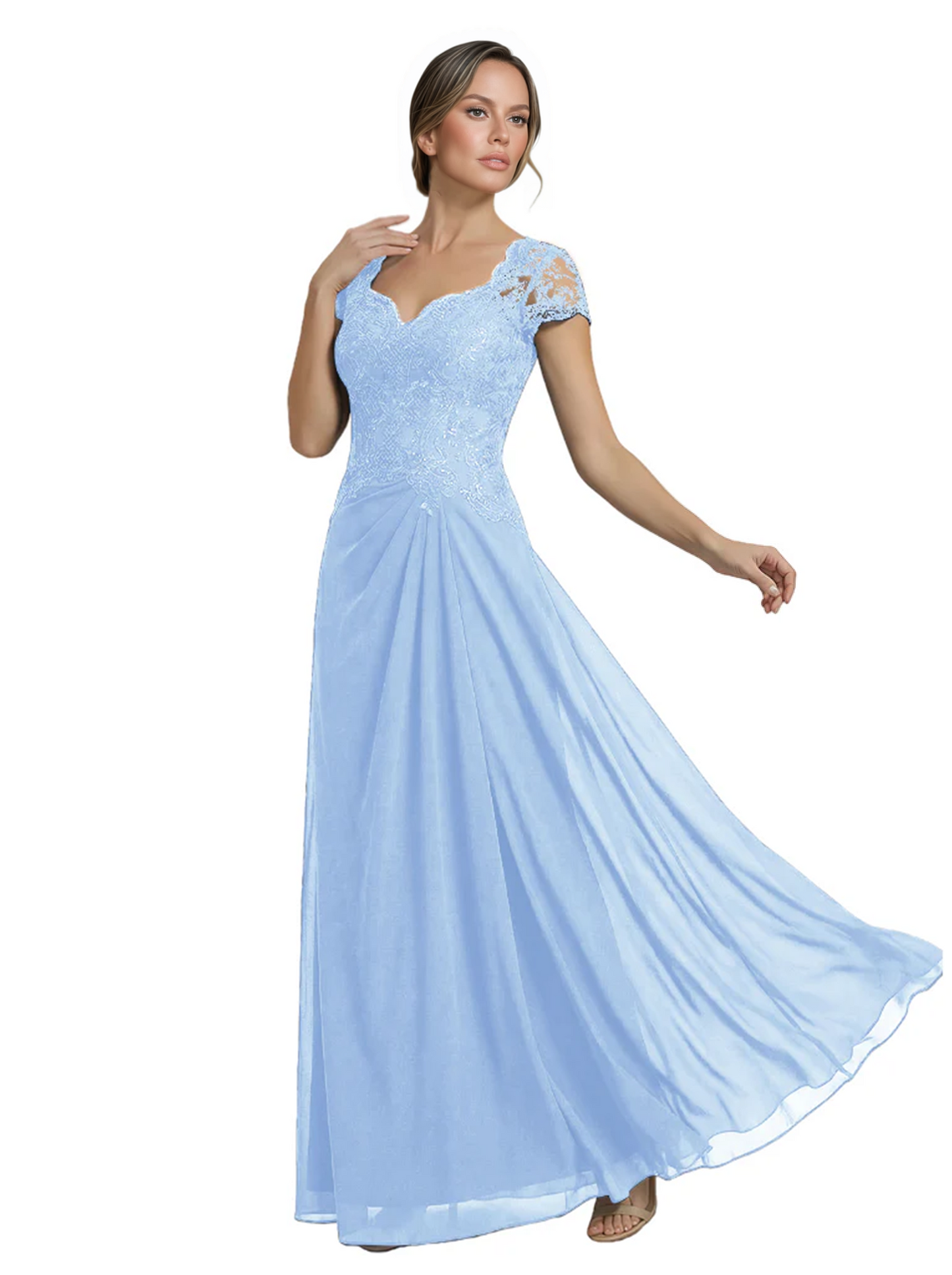 Long A-line Chiffon Short Sleeves Mother of the Brides Dresses Lace Wedding