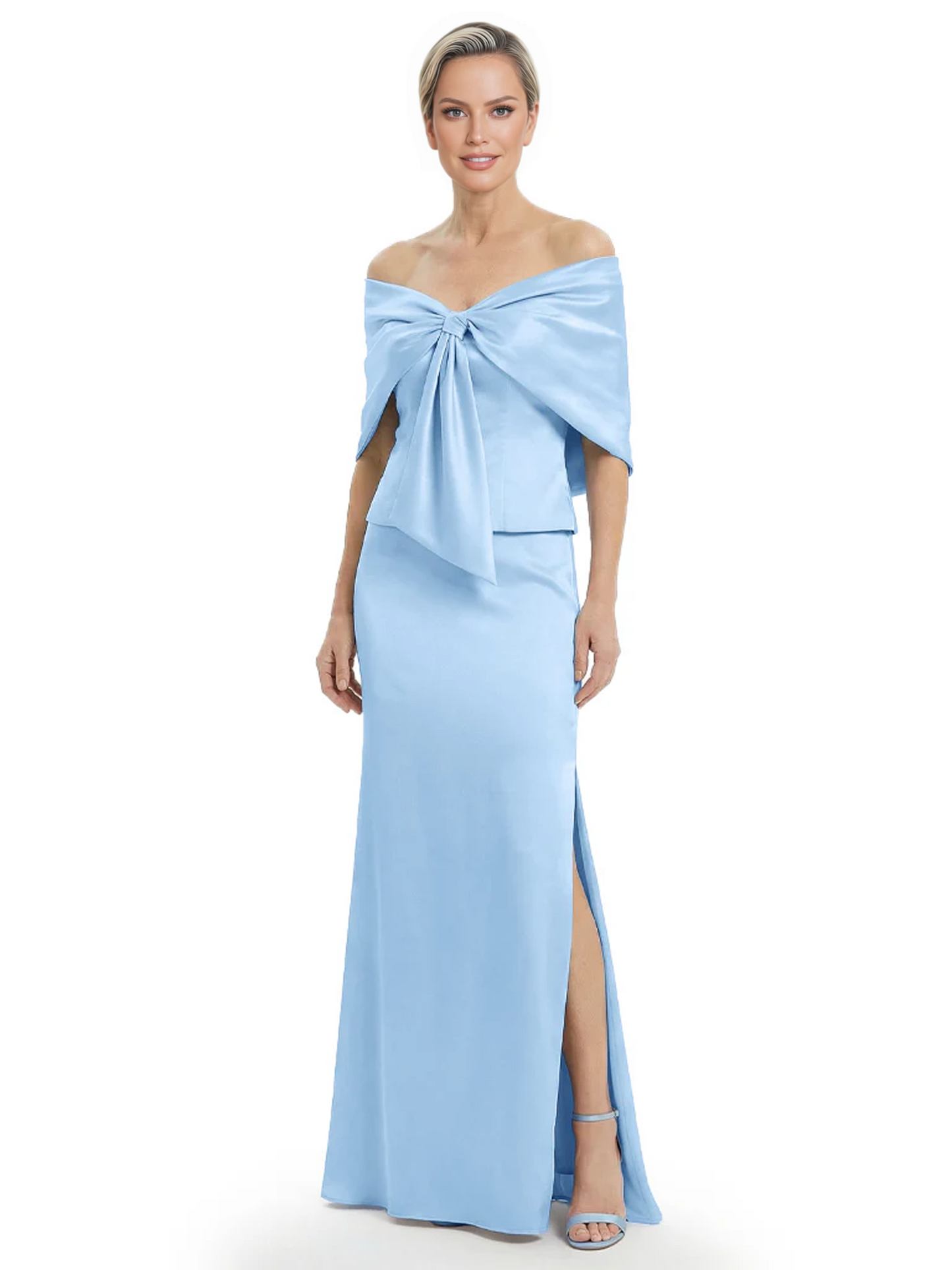 Formal Floor-Length Mother of the Bride Gown Satin Maxi Dress with Bow Neckline