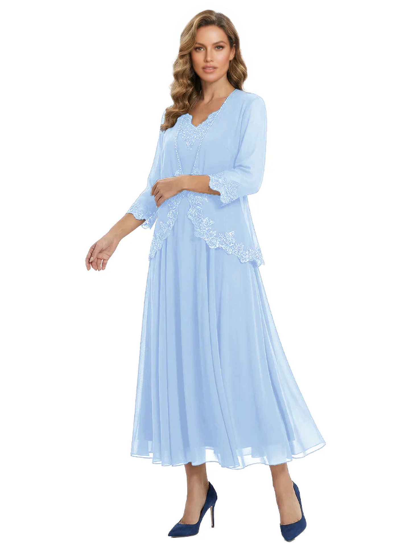 3/4 Sleeve Chiffon Mother of the Brides Dresses V-Neck Wedding Party Gowns