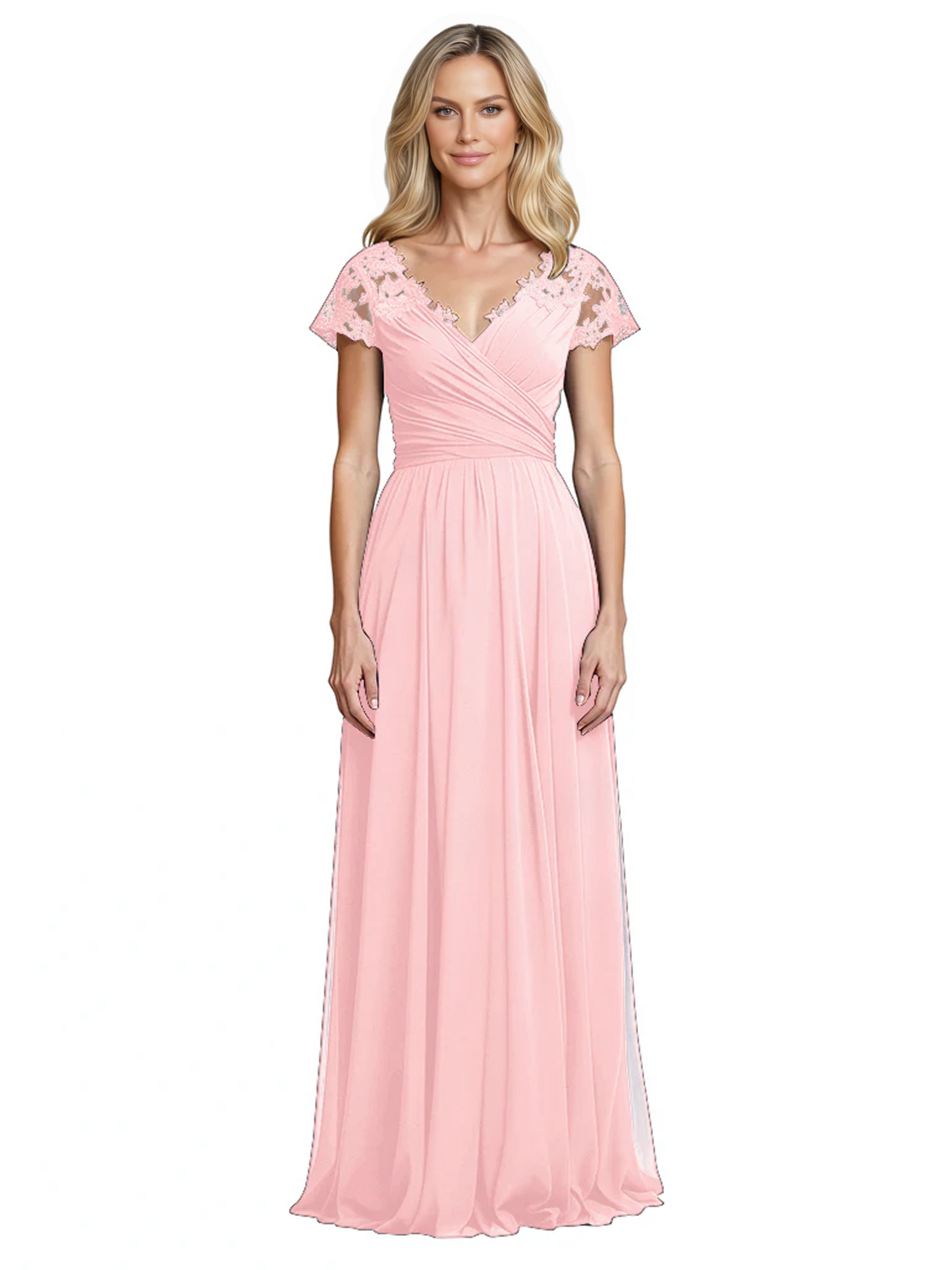 Mother of the Bride Dress Cap Sleeves and V-Neckline with Embroidered Lace Shoulders