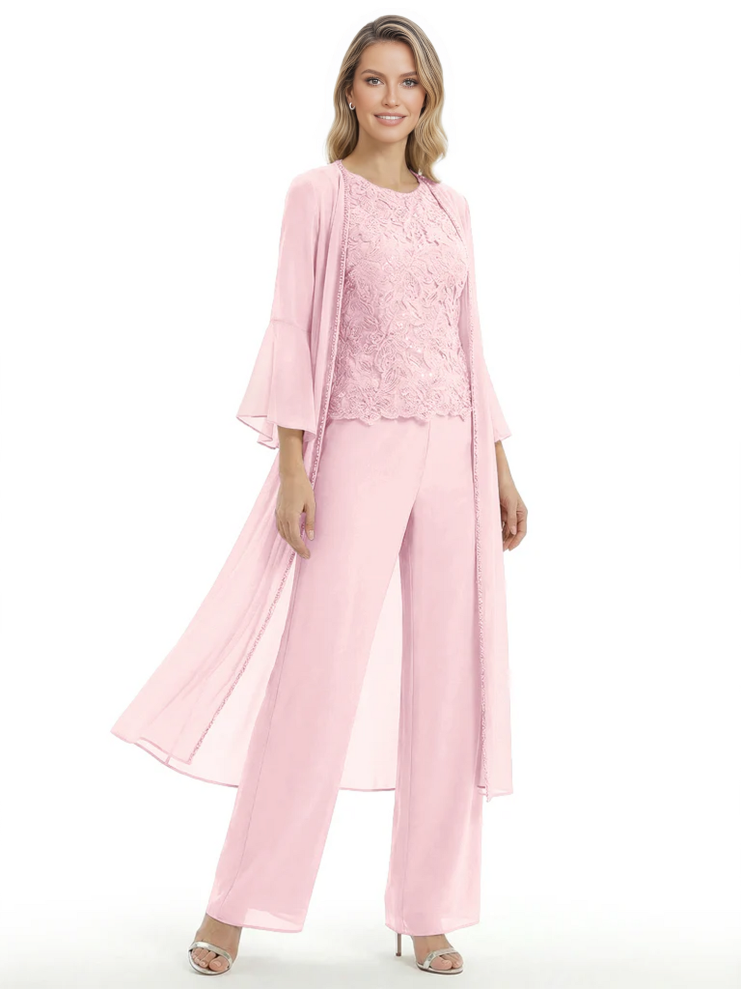 Elegant Pink 3-Piece Pant Set Trending 2026 Styles with Lace Wide-Leg Pants