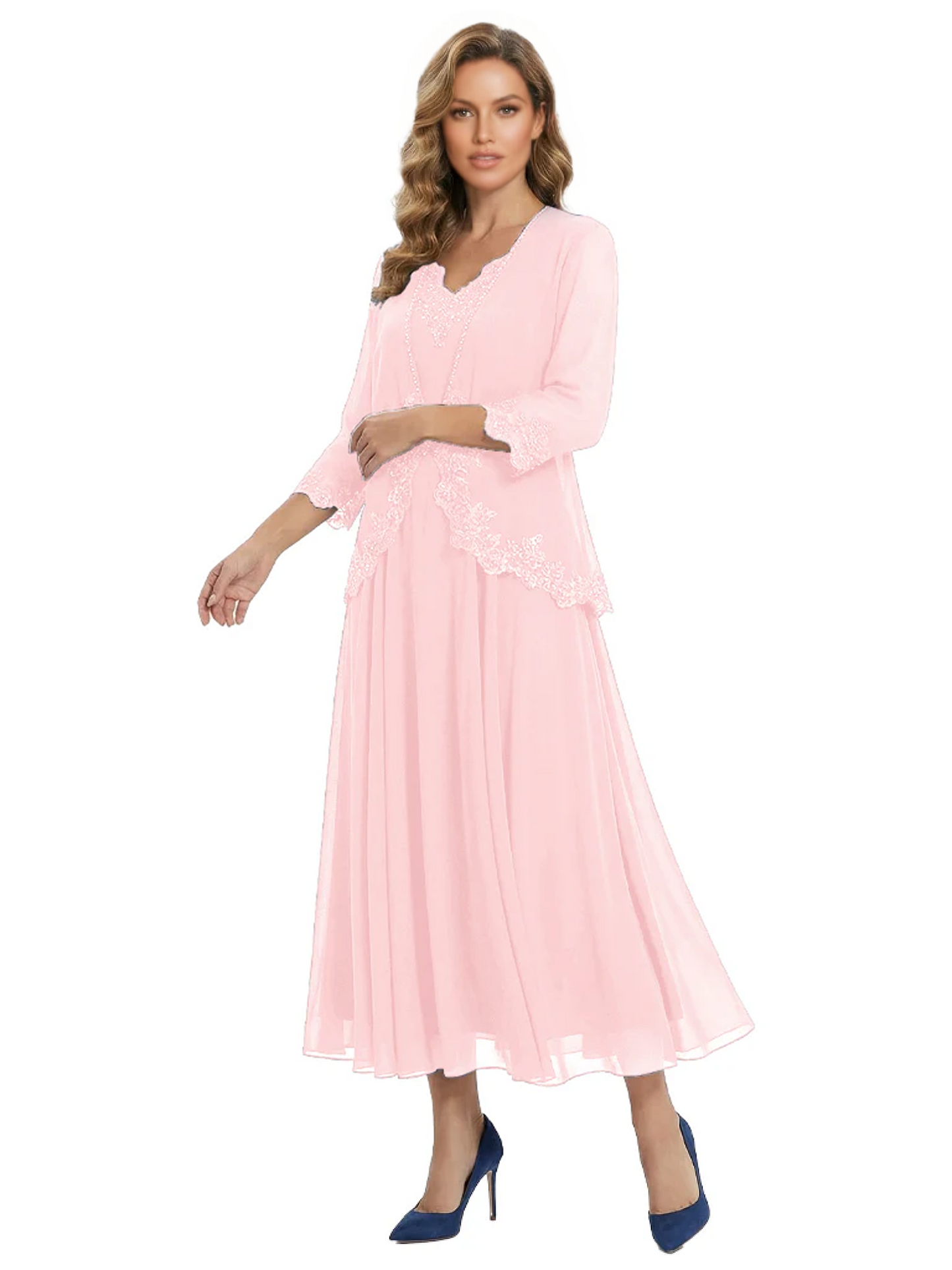 3/4 Sleeve Chiffon Mother of the Brides Dresses V-Neck Wedding Party Gowns