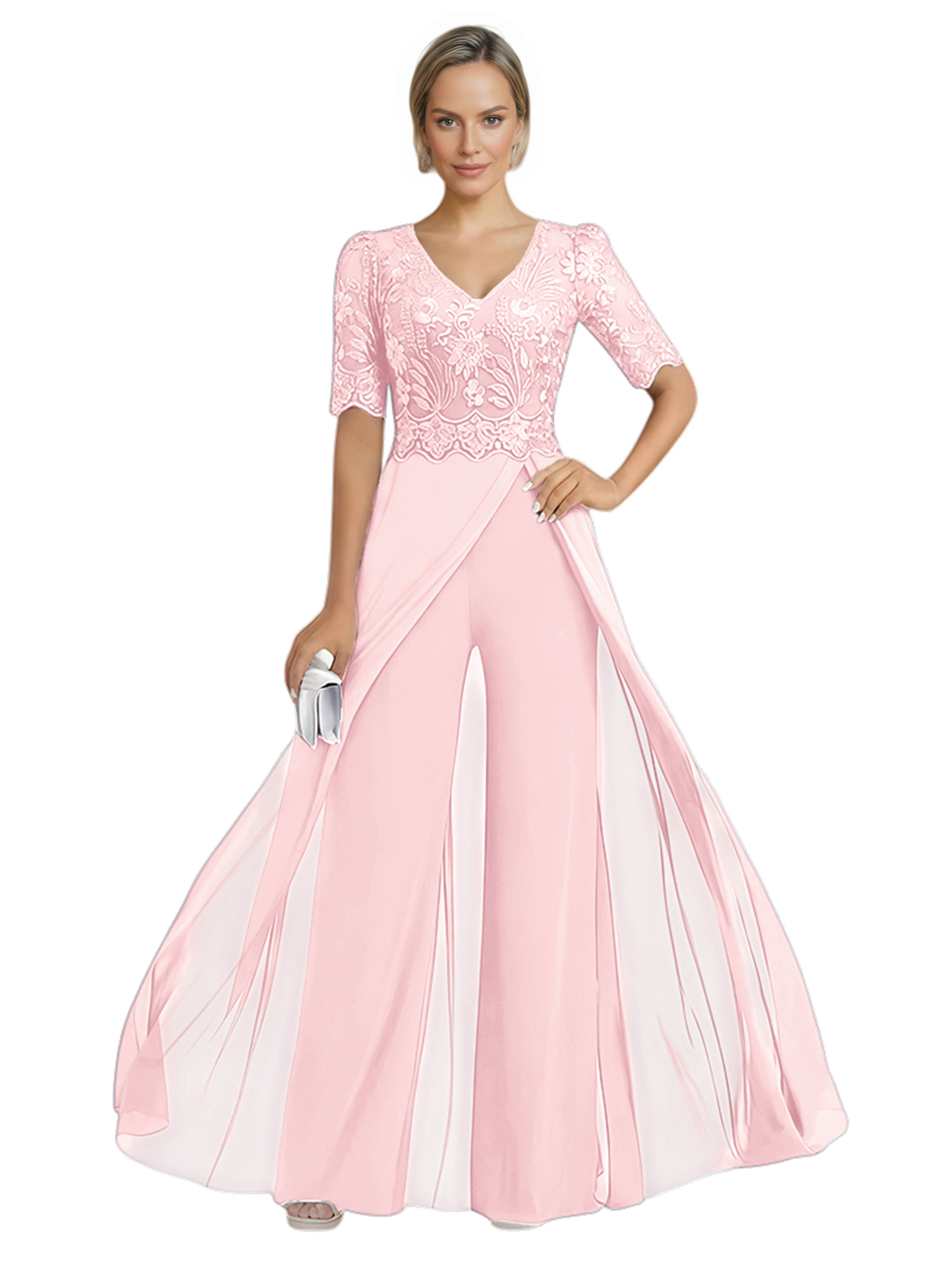 V-Neck Chiffon Mother of the Brides Jumpsuits Dresses Floor Length A-Line Lace